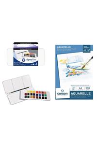 Daler Rowney Aquafine Travel Set 24 Renk Sulu Boya + Canson 300 Gr A4 Suluboya Defteri