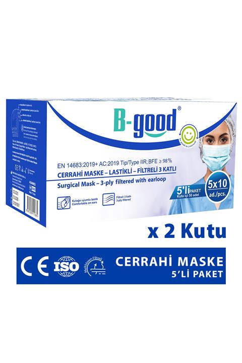 BGOOD Cerrahi Maske Telli 50'li (üts Kayıtlı) 2 Kutu 3 Katlı 5'li Paketlenmiş