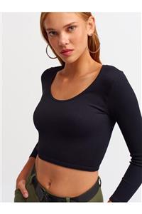 Dilvin 3529 Havuz Yaka Uzun Kollu Crop Top-siyah