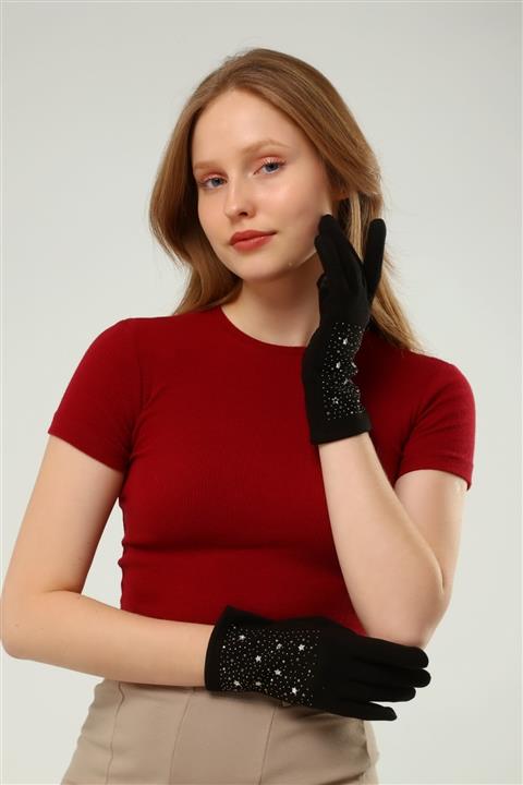 Luisido Kadın Siyah Dokunmatik Parmaklı Içi Polarlı Yıldız Ve Taş Detaylı Eldiven