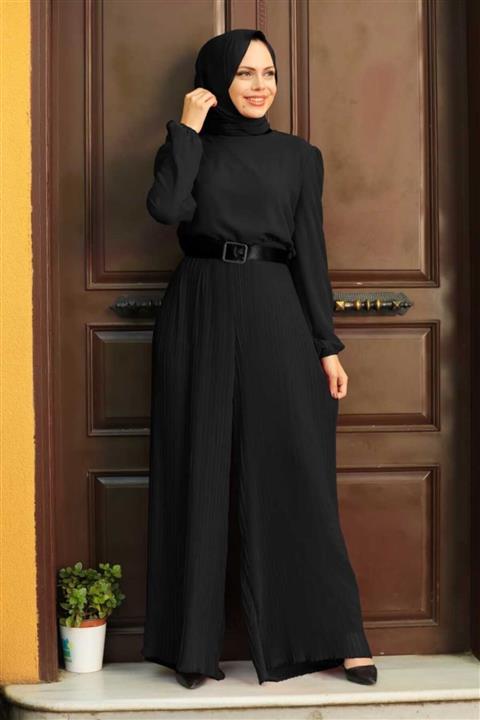Neva Style - Kemerli Siyah Tesettür Tulum 2897s