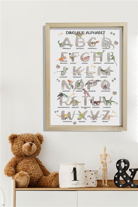 Canvartie Doğal Ahşap Çerçeveli Bebek Ve Çocuk Odası Duvar Tablosu Dinazorlar Alfabesi