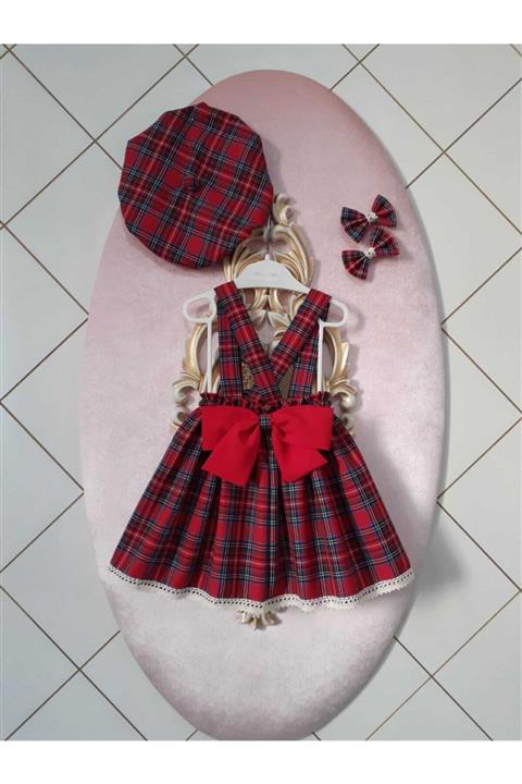 Eylülce Butik Kız Bebek Kırmızı Ekoseli Salopet Takım