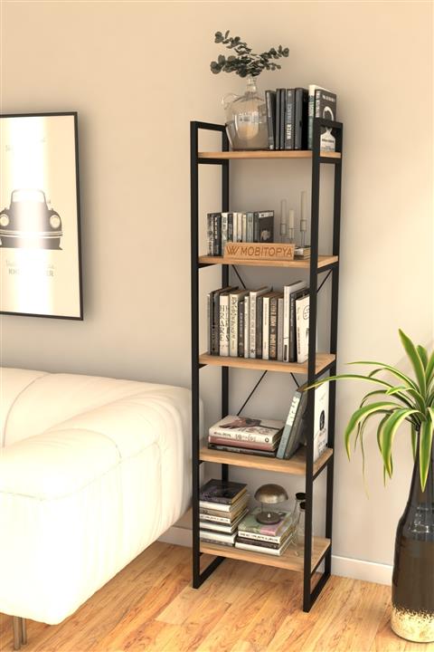 Mobitopya Nilamu Çam 45 Cm Kitaplık, Metal Aksamlı, Organizer, Ofis, Ev, 5 Raflı Kitaplık