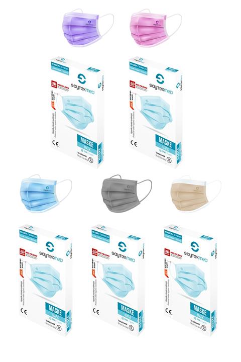 SAYTEKMED Meltblown Filtrel Yassı Kulak İpli 5 Farklı Renk Maske 5 Kutu 50 Adet