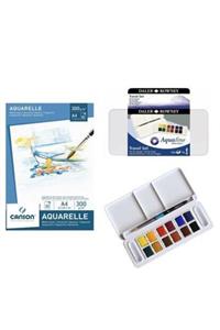 Daler Rowney Aquafine Travel Set 12 Renk Sulu Boya + Canson 300 gr A4 Suluboya Defteri