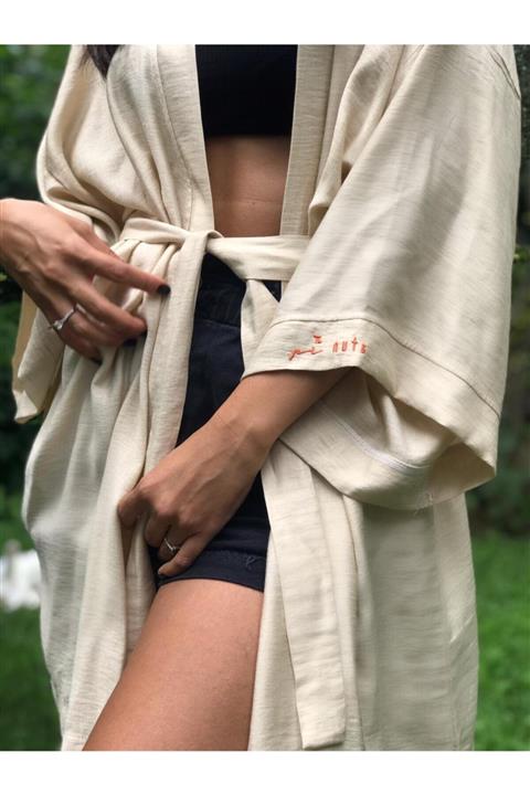 Pinuts Bej Geniş Kalıp Baskısız Dokuma Kadın Erkek Kimono