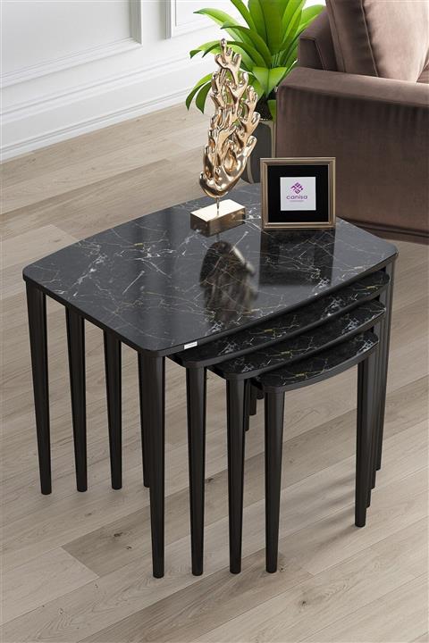 Canisa Concept Telwe Serisi  Mdf 4lü Siyah Mermer DesenZigon Sehpa Takımı