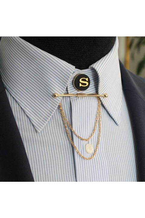 COOLMENCLUB Erkek Siyah Gömlek Yaka Iğnesi Ve Harfli Düğme Seti