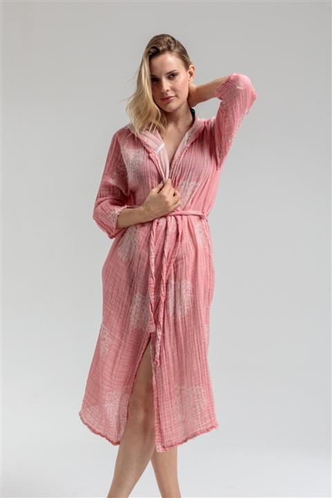 Begonville Corey Kapşonlu Plaj Bornoz / Kimono - Ince %100 Pamuk Muslin Bornoz - Mercan Pembe
