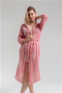 Begonville Corey Kapşonlu Plaj Bornoz / Kimono - Ince %100 Pamuk Muslin Bornoz - Mercan Pembe