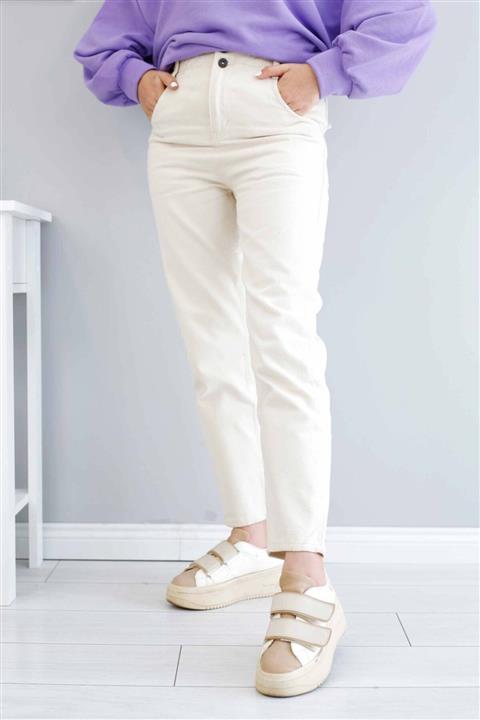 İmajButik Yüksek Bel Beli Lastikli Mom Jean Kot Pantolon-kemik