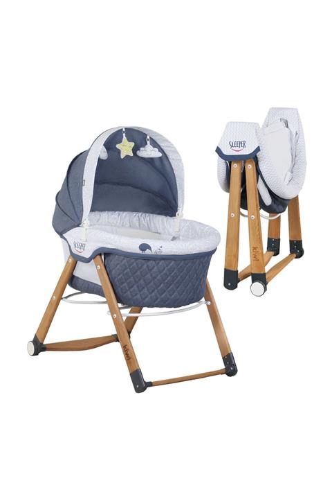 Kiwi Sleeper All İn One Naturel Ahşap Sallanabilen Katlanır Tekerli Bebek Beşiği Yaprak Desenli Mavi