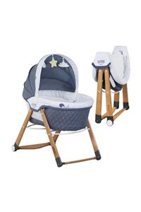 Kiwi Sleeper All İn One Naturel Ahşap Sallanabilen Katlanır Tekerli Bebek Beşiği Yaprak Desenli Mavi