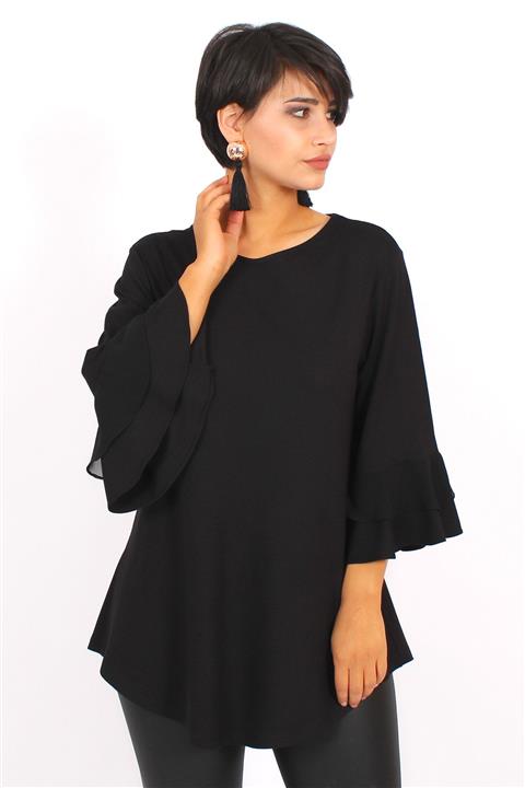 Melisita Kadın Siyah  Büyük Beden Volanlı Bluz