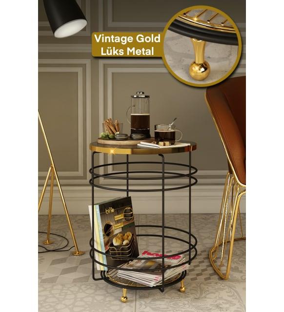 Bino Sehpa Yan Orta Metal Zigon Sehpa Gold Ayaklı Kitaplık Raflı Sehpa
