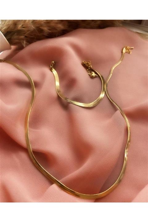 Midyat Azra Telkari Kadın Altın Kaplama Italyan Yassı Model Gümüş Kolye ve Bileklik Set