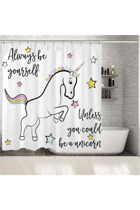 Henge Home Baskılı Duş Perde Unicorn Renkli Yıldızlar Tek Boynuzlu At Desenli