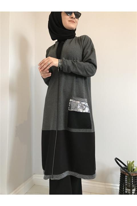 AYSUN AYDEMİR Füme Siyah Payet Cep Eşofman Takımı