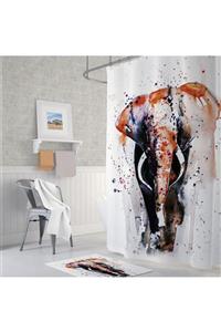 Tropikhome Polyester Kumaş Renkli Fil Desen Banyo Perdesi Yerli Üretim 180x200 Cm Duş Perdesi C-halka Hediye