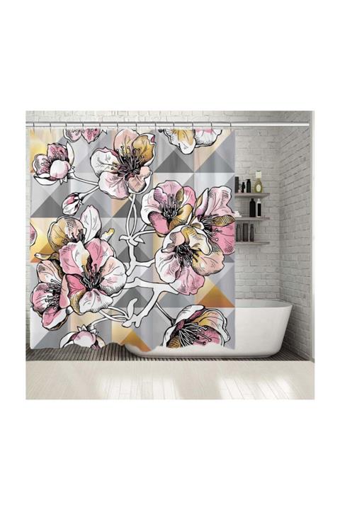 Henge Home Baskılı Duş Perde Gri Arka Plan Pembe Çiçek Desenli