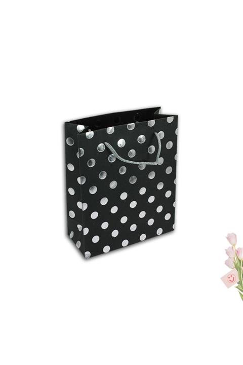 Süsle Baby Party Karton Çanta Siyah, 14cm X 17cm Gümüş Puantiyeli - 1 Adet