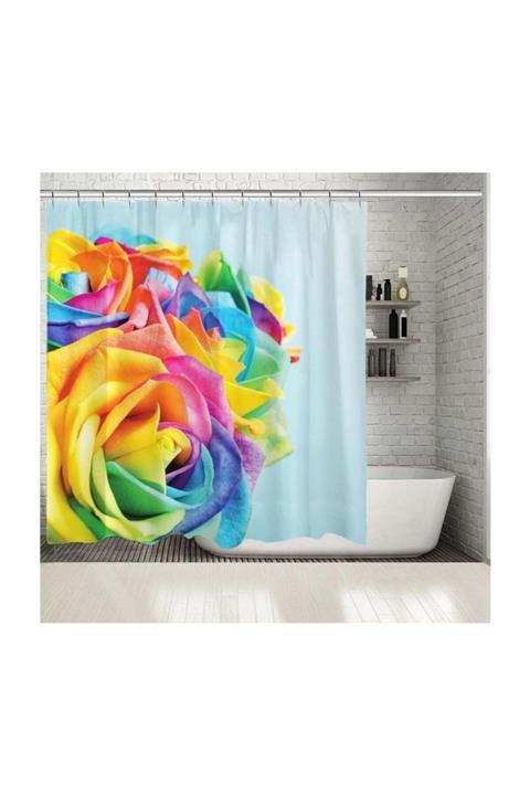 Henge Home Baskılı Duş Perde Zeminli Mavi Mor Sarı Gül Deseni