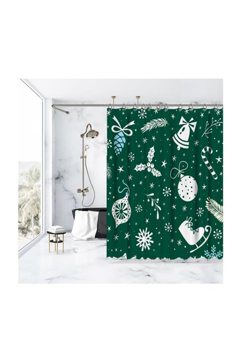 Henge Home Yeşil Zeminli Beyaz Çan Noel Süsleri ile Paten ve Dallar Duşperdesi