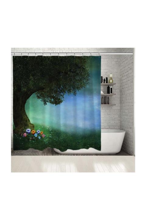 Henge Home Baskılı Duş Perde Fantastik Orman Ağaç Desenli Yeşil