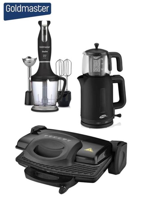 GOLDMASTER Masal Siyah 3'lü Çeyiz Seti (Çaycı + Tost Mak + Blender)