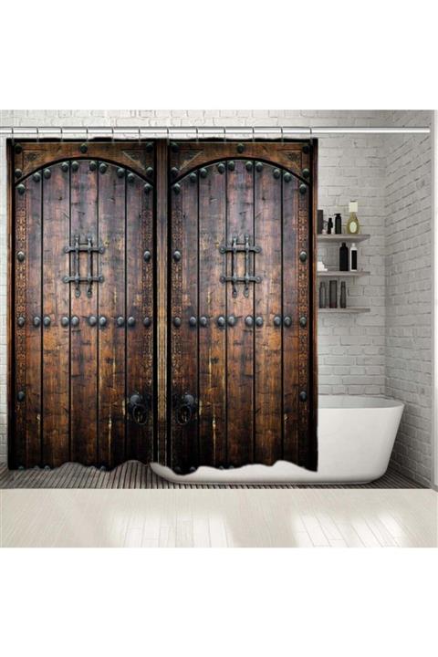 Henge Home Baskılı Duş Perde Eski Ahşap Tahta Kapılı Kahve Rengi