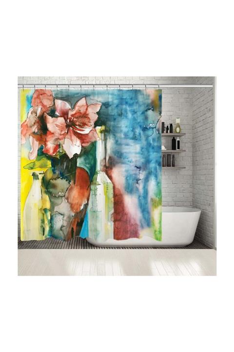 Henge Home Baskılı Duş Perde Yaglı Boya Etkili Lale Desenli