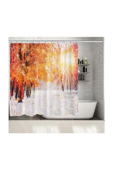 Henge Home Baskılı Duş Perde Sonbahar Kış Kar Orman Ağaç Manzaralı