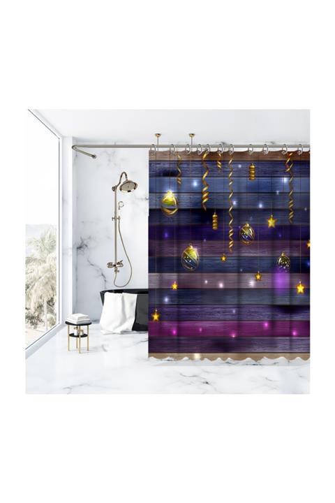 Henge Home Ahşap Desenli Noel Süsleri Yeniyıl Temalı Mavi Duşperdesi