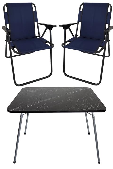 Bofigo 60x80 Granit Desenli Katlanır Masa + 2 Adet Katlanır Sandalye Kamp Seti Bahçe Takımı Lacivert