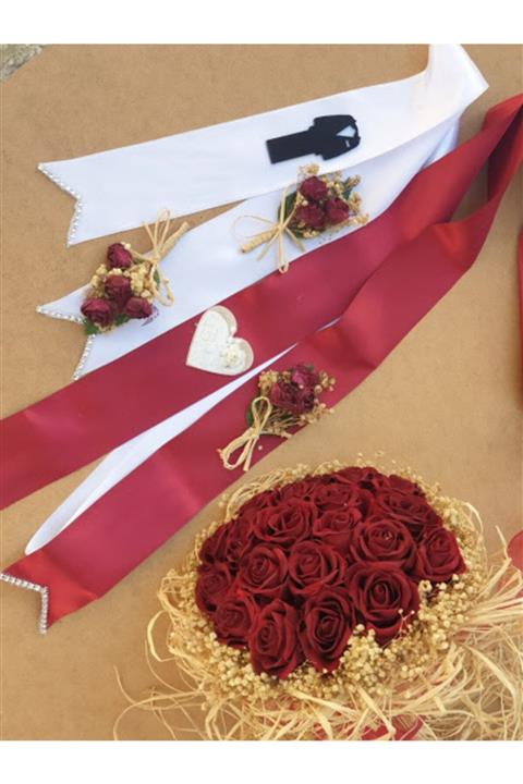 GELİN ÇİÇEĞİ EN İYİSİ Bordo Güller Gelin Çiçeği Ve Takı Kurdelası Seti