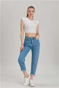 Modaca Kadın Mavi Paça Püskül Detay Slim Fit Mom Jean