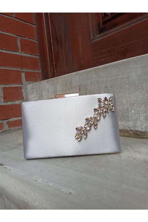 DS AYAKKABI Gümüş Saten Yaprak Taşlı Abiye Çanta