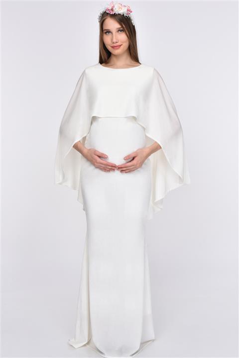 Moda Labio Pelerinli Kadife Balık Hamile Elbisesi Beyaz