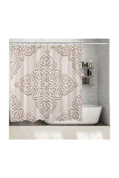 Henge Home Baskılı Duş Perde Kare Dantel Motifi Desenli Bej Beyaz