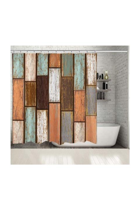Henge Home Baskılı Duş Perde Eski Ahşap Renkli Deseni Mavi Kahverengi