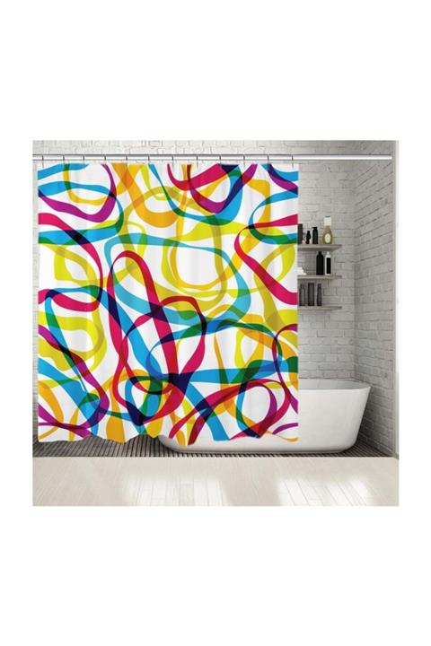 Henge Home Baskılı Duş Perde Renkli Geometrik Desenli Sarı Pembe Mavi