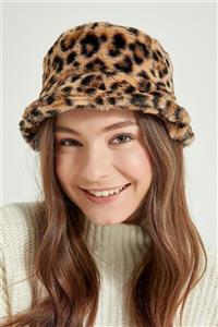 YLondon 12763 Leopar Peluş Vizon Bucket Şapka