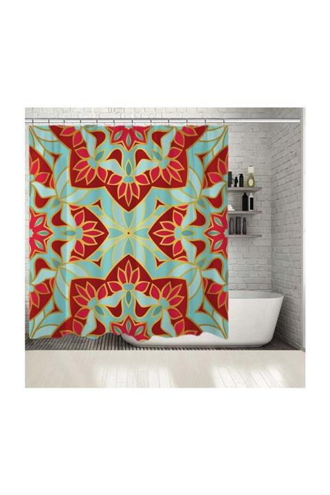 Henge Home Baskılı Duş Perde Kare Geleneksel Motif Pembe Kırmızı Mavi