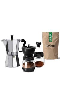 Un Caffe Moka Pot Kahve Demleme Ve Öğütme Seti (4 Parça)