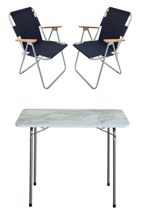 Bofigo 60x80 Efes Katlanır Masa + 2 Adet Katlanır Sandalye Kamp Seti Bahçe Balkon Takımı Lacivert