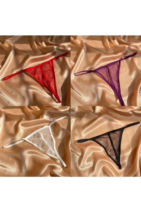 BellaMoore Kadın 4'lü Likralı Tül Tanga String