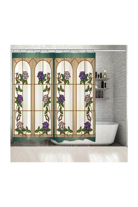 Henge Home Baskılı Duş Perde Mor Çiçekli Yeşil Aynalı Pencere Desenli