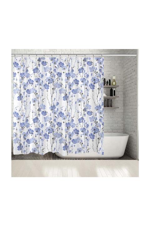 Henge Home Baskılı Duş Perde Beyaz Mavi Çiçek Deseni