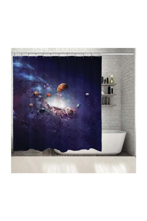 Henge Home Baskılı Duş Perde Gezegen Uzay Boşluğu Desenli